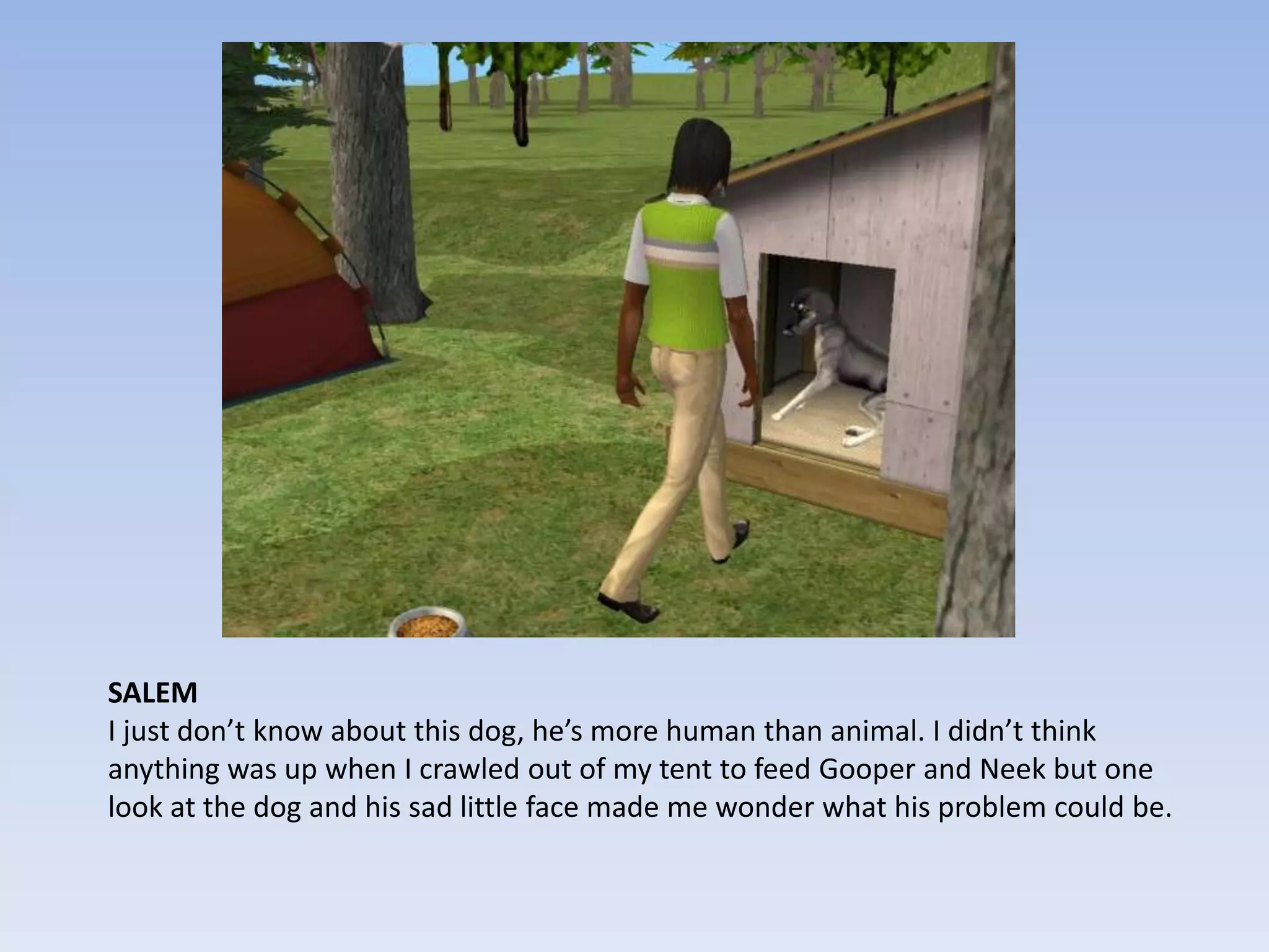 SALEMI just don’t know about this dog, he’s more human than animal. I didn’t think anything was up when I crawled out of my tent to feed Gooper and Neek but one look at the dog and his sad little face made me wonder what his problem could be.