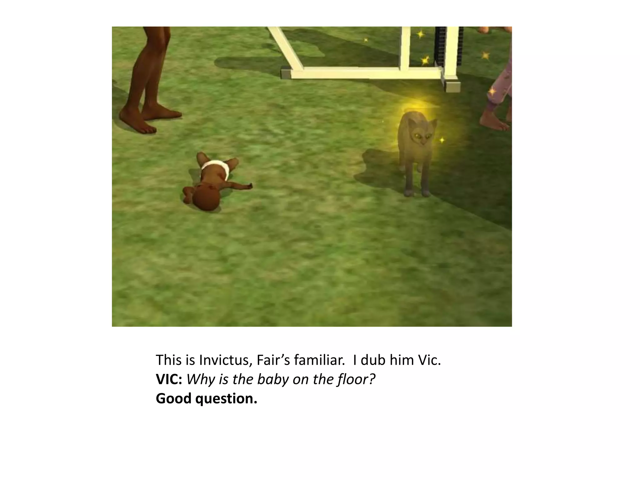 This is Invictus, Fair’s familiar.  I dub him Vic.VIC: Why is the baby on the floor?Good question.