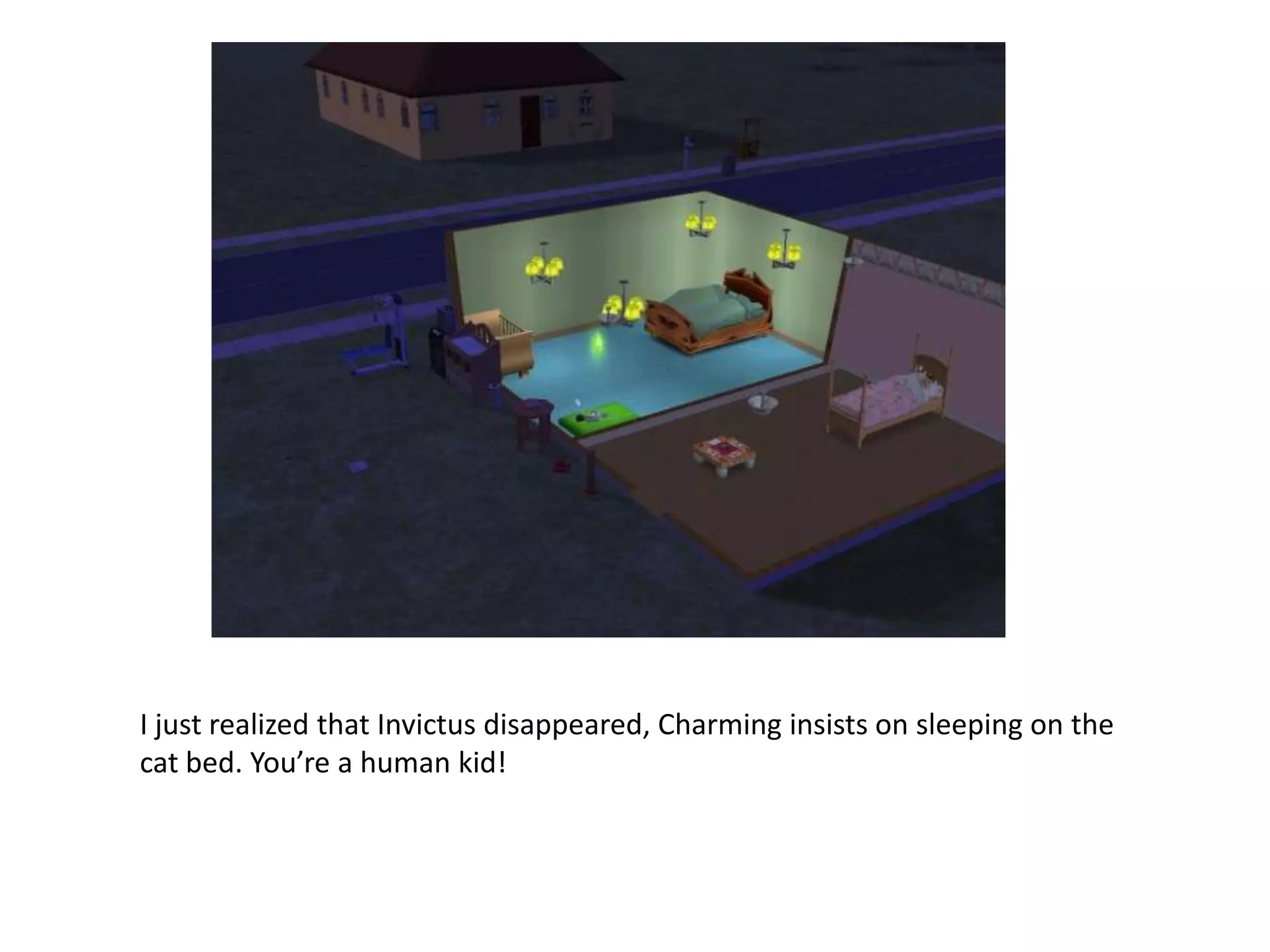 I just realized that Invictus disappeared, Charming insists on sleeping on the cat bed. You’re a human kid!