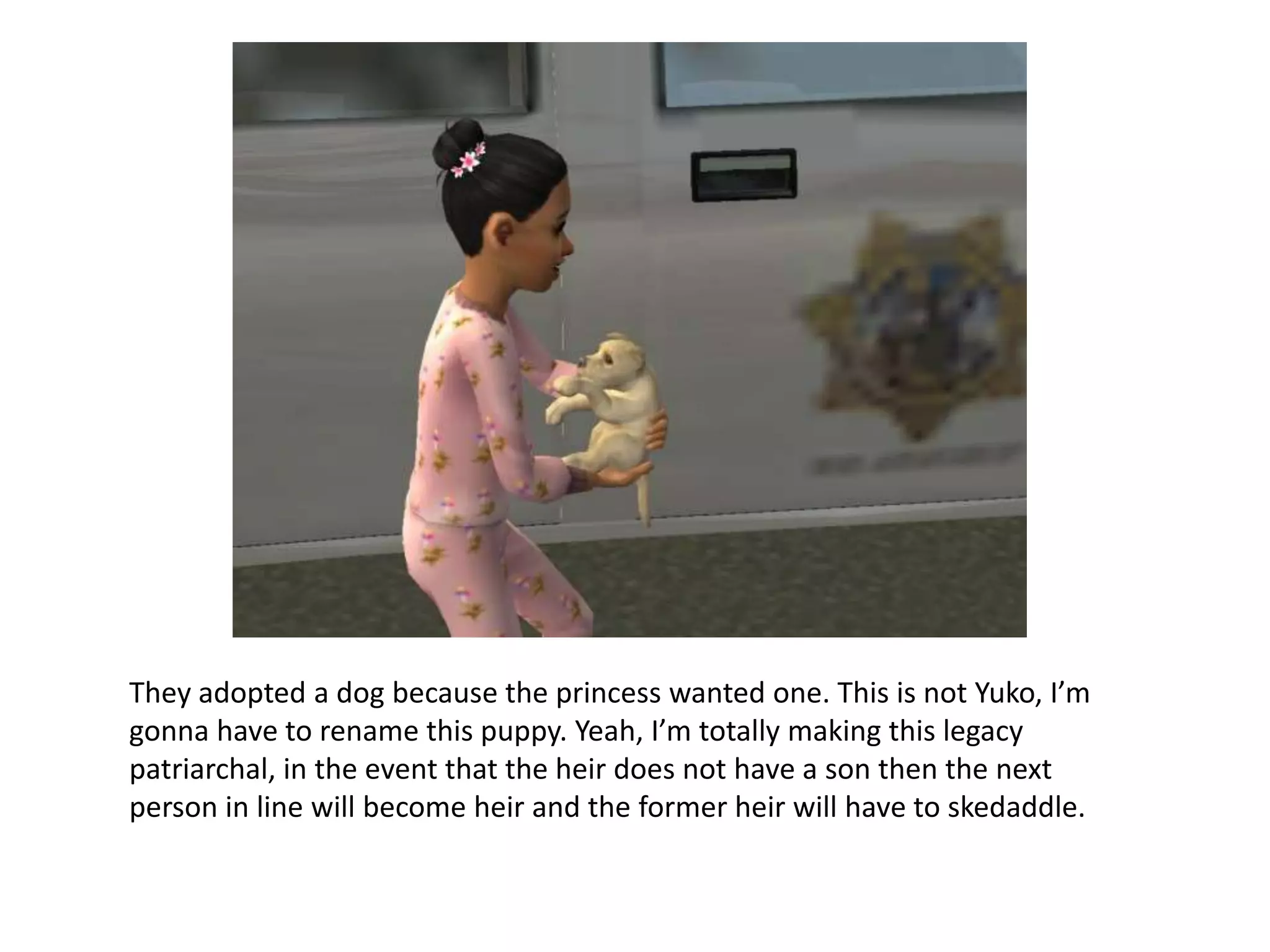 They adopted a dog because the princess wanted one. This is not Yuko, I’m gonna have to rename this puppy. Yeah, I’m totally making this legacy patriarchal, in the event that the heir does not have a son then the next person in line will become heir and the former heir will have to skedaddle.   