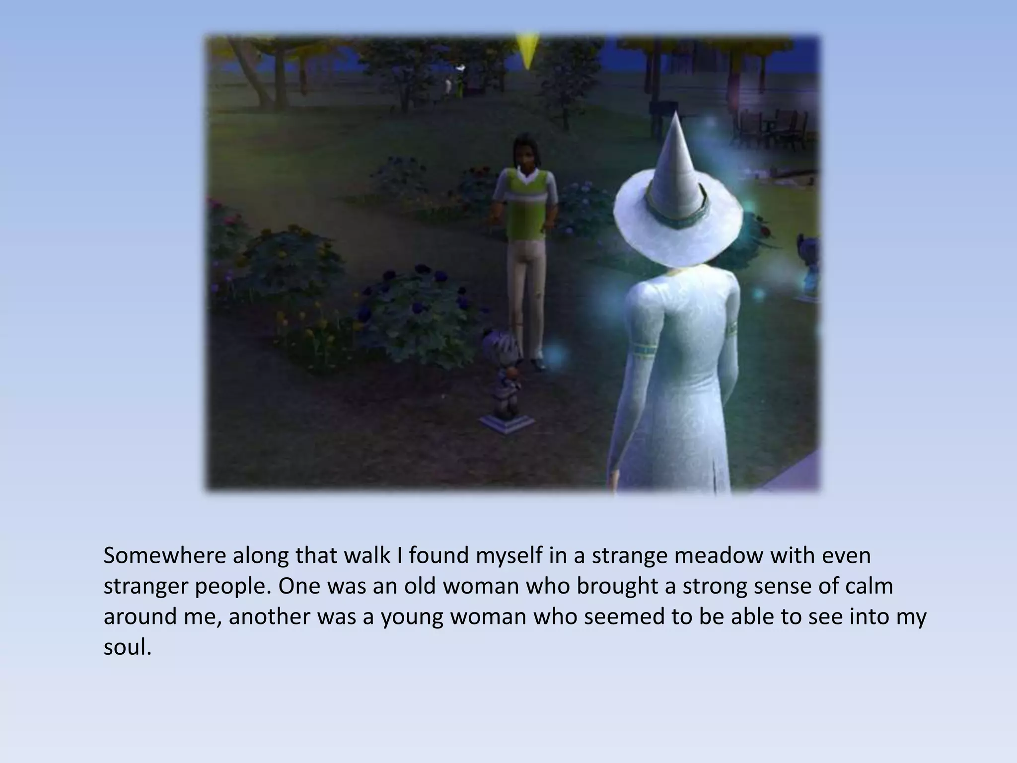 Somewhere along that walk I found myself in a strange meadow with even stranger people. One was an old woman who brought a strong sense of calm around me, another was a young woman who seemed to be able to see into my soul.