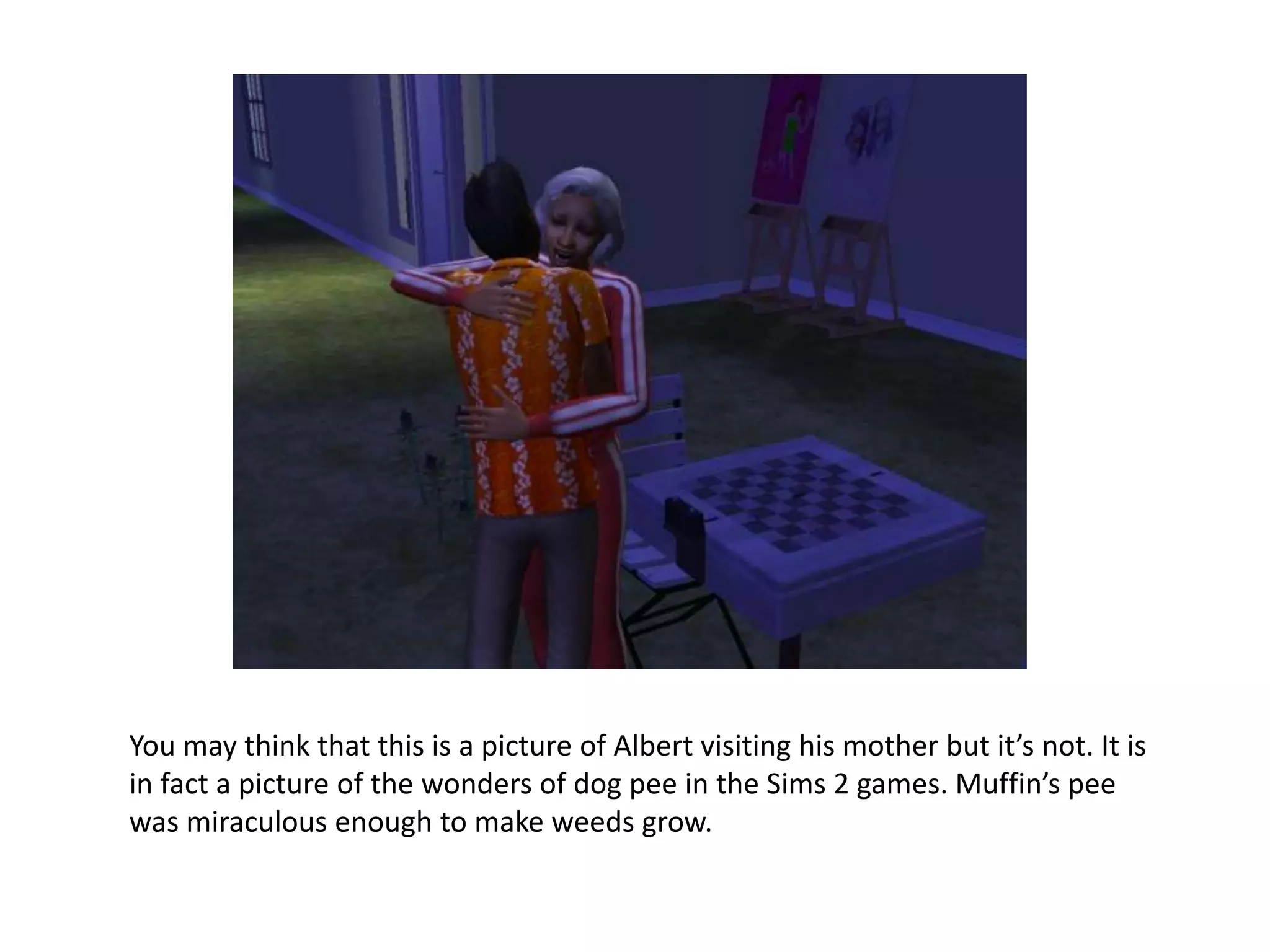 You may think that this is a picture of Albert visiting his mother but it’s not. It is in fact a picture of the wonders of dog pee in the Sims 2 games. Muffin’s pee was miraculous enough to make weeds grow.