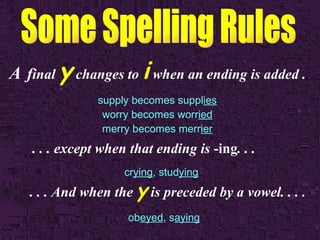 A   f inal   y  changes to  i  when an ending is added . supply becomes suppl ies worry becomes worr ied merry becomes merr ier . . . except when that ending is  -ing . . .   cr ying , stud ying . . . And when the  y  is preceded by a vowel. . . . ob eyed , s aying 