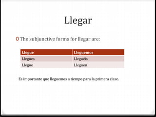 Llegar
0 The subjunctive forms for llegar are:
Llegue Lleguemos
Llegues Lleguéis
Llegue Lleguen
Es importante que lleguemos a tiempo para la primera clase.
 
