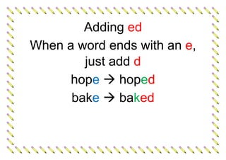 Adding ed
When a word ends with an e,
just add d
hope  hoped
bake  baked
 