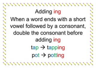 Adding ing
When a word ends with a short
vowel followed by a consonant,
double the consonant before
adding ing
tap  tapping
pot  potting
 