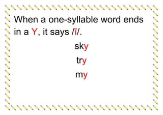 When a one-syllable word ends
in a Y, it says /ī/.
sky
try
my
 