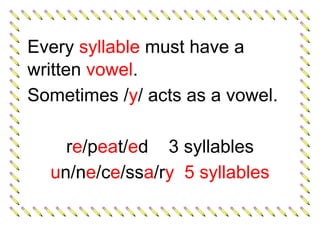 Every syllable must have a
written vowel.
Sometimes /y/ acts as a vowel.
re/peat/ed 3 syllables
un/ne/ce/ssa/ry 5 syllables
 