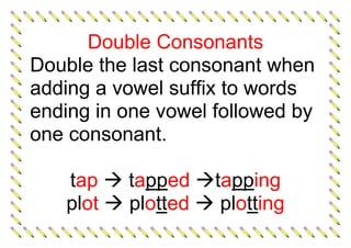 Double Consonants
Double the last consonant when
adding a vowel suffix to words
ending in one vowel followed by
one consonant.
tap  tapped tapping
plot  plotted  plotting
 