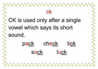 ck
CK is used only after a single
vowel which says its short
sound.
pack check tick
sock luck
 