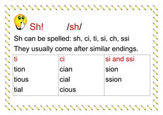 Sh! /sh/
Sh can be spelled: sh, ci, ti, si, ch, ssi
They usually come after similar endings.
ti
tion
tious
tial
ci
cian
cial
cious
si and ssi
sion
ssion
 
