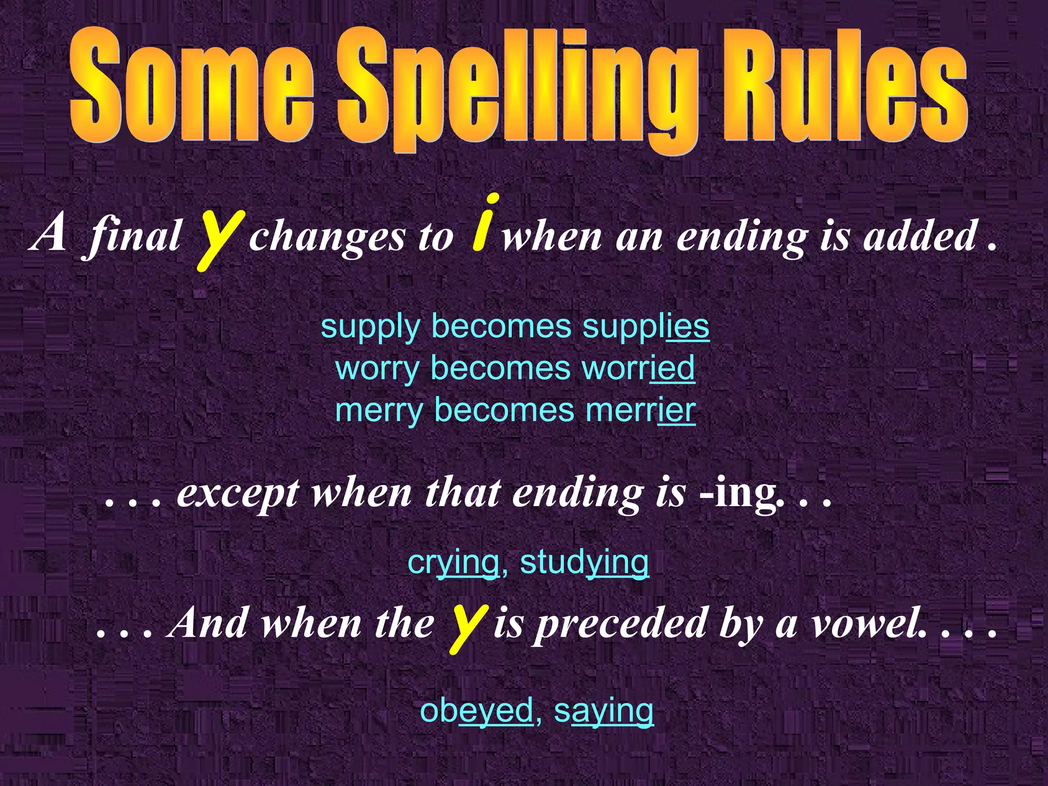 A final y changes to i when an ending is added .
supply becomes supplies
worry becomes worried
merry becomes merrier

. . . except when that ending is -ing. . .
crying, studying

. . . And when the y is preceded by a vowel. . . .
obeyed, saying

 