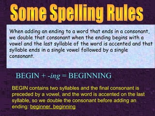 When adding an ending to a word that ends in a consonant,
we double that consonant when the ending begins with a
vowel and the last syllable of the word is accented and that
syllable ends in a single vowel followed by a single
consonant.

BEGIN + -ing = BEGINNING
BEGIN contains two syllables and the final consonant is
preceded by a vowel, and the word is accented on the last
syllable, so we double the consonant before adding an
ending: beginner, beginning

 