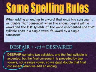 When adding an ending to a word that ends in a consonant,
we double that consonant when the ending begins with a
vowel and the last syllable of the word is accented and that
syllable ends in a single vowel followed by a single
consonant.

DESPAIR + -ed = DESPAIRED
DESPAIR contains two syllables, and the final syllable is
accented, but the final consonant is preceded by two
vowels, not a single vowel, so we don’t double that final
consonant when we add an ending.

 
