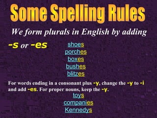 We form plurals in English by adding

-s or -es.

shoes
porches
boxes
bushes
blitzes

For words ending in a consonant plus -y, change the -y to -i
and add -es. For proper nouns, keep the -y.

toys
companies
Kennedys

 