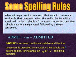 When adding an ending to a word that ends in a consonant,
we double that consonant when the ending begins with a
vowel and the last syllable of the word is accented and that
syllable ends in a single vowel followed by a single
consonant.

ADMIT + -ed = ADMITTED
ADMIT is accented on the last syllable and the final

consonant is preceded by a vowel, so we double the t
before adding, for instance, an -ing or -ed : admitting,
admitted.

 