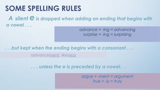 A silent e is dropped when adding an ending that begins with
a vowel . . .
SOME SPELLING RULES
advance + -ing = advancing
surprise + -ing = surprising
. . .but kept when the ending begins with a consonant . . .
advancement, likeness
. . . unless the e is preceded by a vowel. . .
argue + -ment = argument
true + -ly = truly
 