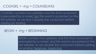 COUNSEL + -ing = COUNSELING
COUNSEL contains two syllables and the final consonant
is preceded by a vowel, but the word is accented on the
first syllable, so we don’t double the consonant before
adding an ending.
BEGIN + -ing = BEGINNING
BEGIN contains two syllables and the final consonant is
preceded by a vowel, and the word is accented on the
last syllable, so we double the consonant before adding
an ending: beginner, beginning
 