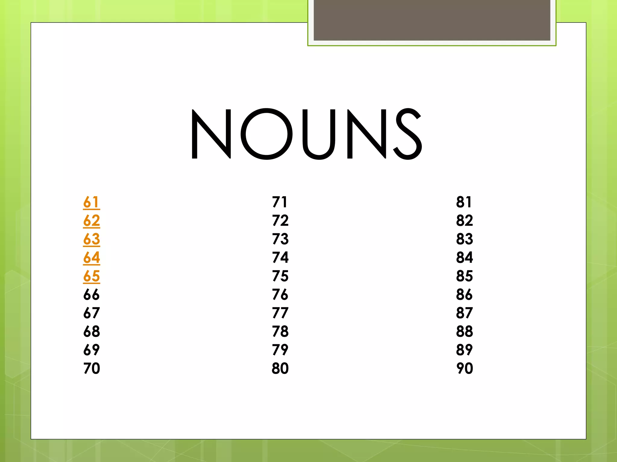 NOUNS 
61 71 81 
62 72 82 
63 73 83 
64 74 84 
65 75 85 
66 76 86 
67 77 87 
68 78 88 
69 79 89 
70 80 90 
 