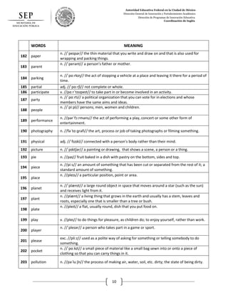 Autoridad Educativa Federal en la Ciudad de México
Dirección General de Innovación y Fortalecimiento Académico
Dirección de Programas de Innovación Educativa
Coordinación de Inglés
10
WORDS MEANING
182 paper
n. //ˈpeɪpər// the thin material that you write and draw on and that is also used for
wrapping and packing things.
183 parent
n. //ˈperənt// a person’s father or mother.
184 parking
n. //ˈpɑːrkɪŋ// the act of stopping a vehicle at a place and leaving it there for a period of
time.
185 partial adj. //ˈpɑːrʃl// not complete or whole.
186 participate v. //pɑːrˈtɪsɪpeɪt// to take part in or become involved in an activity.
187 party
n. //ˈpɑːrti// a political organization that you can vote for in elections and whose
members have the same aims and ideas.
188 people
n. //ˈpiːpl// persons; men, women and children.
189 performance
n. //pərˈfɔːrməns// the act of performing a play, concert or some other form of
entertainment.
190 photography n. //fəˈtɑːɡrəfi// the art, process or job of taking photographs or filming something.
191 physical adj. //ˈfɪzɪkl// connected with a person’s body rather than their mind.
192 picture n. //ˈpɪktʃər// a painting or drawing, that shows a scene, a person or a thing.
193 pie n. //paɪ// fruit baked in a dish with pastry on the bottom, sides and top.
194 piece
n. //piːs// an amount of something that has been cut or separated from the rest of it; a
standard amount of something.
195 place
n. //pleɪs// a particular position, point or area.
196 planet
n. //ˈplænɪt// a large round object in space that moves around a star (such as the sun)
and receives light from it.
197 plant
n. //plænt// a living thing that grows in the earth and usually has a stem, leaves and
roots, especially one that is smaller than a tree or bush.
198 plate
n. //pleɪt// a flat, usually round, dish that you put food on.
199 play v. //pleɪ// to do things for pleasure, as children do; to enjoy yourself, rather than work.
200 player
n. //ˈpleɪər// a person who takes part in a game or sport.
201 please
exc. //pliːz// used as a polite way of asking for something or telling somebody to do
something.
202 pocket
n. //ˈpɑːkɪt// a small piece of material like a small bag sewn into or onto a piece of
clothing so that you can carry things in it.
203 pollution n. //pəˈluːʃn// the process of making air, water, soil, etc. dirty; the state of being dirty.
 