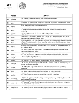 Autoridad Educativa Federal en la Ciudad de México
Dirección General de Innovación y Fortalecimiento Académico
Dirección de Programas de Innovación Educativa
Coordinación de Inglés
13
WORDS MEANING
245 software
n. //ˈsɔːftwer// the programs, etc. used to operate a computer.
246 space n. //speɪs// an amount of an area or of a place that is empty or that is available to use
it.
247 Spanish
adj. //ˈspænɪʃ// from or connected with Spain.
248 speak
v. //spiːk// to talk to somebody about something; to have a conversation with
somebody.
249 special Adj. //ˈspeʃl// not ordinary or usual; different from what is normal.
250 stamp
n. //stæmp// a small piece of paper with a design on it that you buy and stick on an
envelope or a package before you post it.
251 store n. //stɔːr// a large shop that sells many different types of goods a big department store.
252 street
n. //striːt// a public road in a city or town that has houses and buildings on one side or
both sides.
253 strong
adj. //strɔːŋ// having a lot of physical power so that you can lift heavy weights and do
hard physical work.
254 study
n. //ˈstʌdi// the activity of learning or gaining knowledge, either from books or by
examining things in the world.
255 subject n. //ˈsʌbdʒekt// a thing or person that is being discussed, described or dealt with.
256 sunlight
n. //ˈsʌnlaɪt// the light from the sun.
257 marker n. //ˈmɑːrkər// an object or a sign that shows the position of something.
258 synonym
n. //ˈsɪnənɪm// word or expression that has the same or nearly the same meaning as
another in the same language.
259 system
n. //ˈsɪstəm// an organized set of ideas or theories or a particular way of doing
something.
260 tablet n. //ˈtæblət// a small round solid piece of medicine that you swallow.
261 teacher
n. //ˈtiːtʃər// a person whose job is teaching, especially in a school.
262 technology
n. //tekˈnɑːlədʒi// scientific knowledge used in practical ways in industry, for example
in designing new machines.
263 telephone
n. //ˈtelɪfoʊn// a system for talking to somebody else over long distances, using wires
or radio; a machine used for this.
264 temperature n. //ˈtemprətʃər// the measurement in degrees of how hot or cold a thing or place is
 