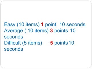 Easy (10 items) 1 point 10 seconds
Average ( 10 items) 3 points 10
seconds
Difficult (5 items) 5 points10
seconds
 