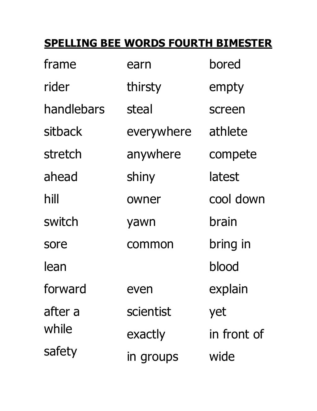 Spelling bee words fourth bimester