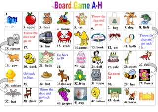 1
2. apple 3. bear
4. house 5. cat
Throw the
dice and
go on
6. 7. bag 8. dog 9. fish
18. elephant
Throw the
dice and
go on
17. 16. bus 15. crab
14. camel 13. book 12. ant 11. balls
Throw the
dice and
go back
10.
19. cow 20. duck 21. bells
Go back
to 19
22. 23. egg 24. doll 25. cake 26. giraffe
27. fox
36. chicken
Go back
to Start
35. 34. hat 33.donkey 32. frog 31.hippo
Go on to
34
30. 29. bee 28. flower
37. bat 38 chair
Throw the
dice and
go back
39.
40. grapes 41. cup 42. balloon 43. desk
44.horse
 