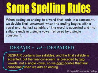 DESPAIR +  -ed  = DESPAIRED When adding an ending to a word that ends in a consonant, we double that consonant when the ending begins with a vowel and the last syllable of the word is accented and that syllable ends in a single vowel followed by a single consonant. DESPAIR contains two syllables, and the final syllable is accented, but the final consonant  is preceded by  two  vowels, not a single vowel, so we  don’t  double that final consonant when we add an ending. 