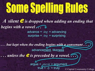 A   silent   e   is dropped when adding an ending that begins with a vowel . . .  advance +  -ing  = advancing surprise +  -ing  = surprising . . . but kept when the ending begins with a consonant  . . . advance ment , like ness . . . unless the  e  is preceded by a vowel. . . . argue +  -ment  = argument true +  -ly  = truly 