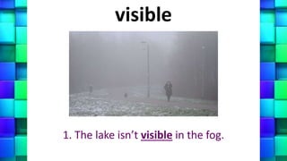 visible
1. The lake isn’t visible in the fog.
 