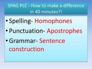 SPAG PLC - How to make a difference
in 40 minutes?!
•Spelling- Homophones
•Punctuation- Apostrophes
•Grammar- Sentence
construction
 