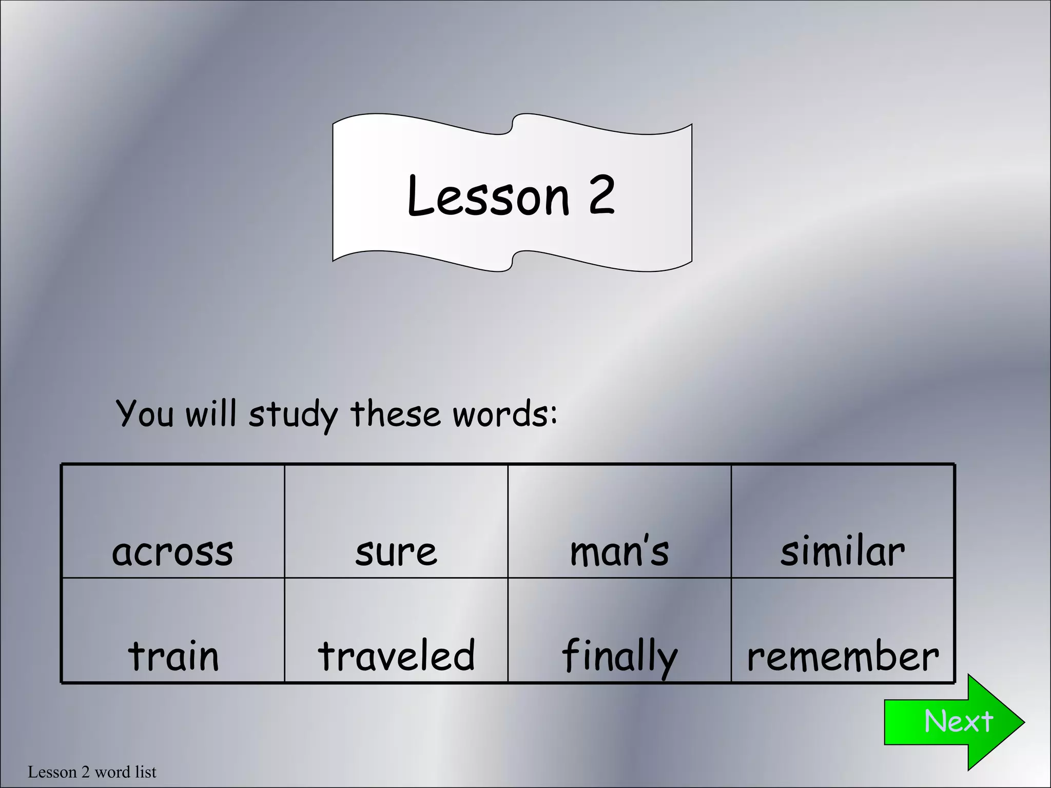 Lesson 2 word list You will study these words: Next Lesson 2 across sure man’s similar train traveled finally remember 