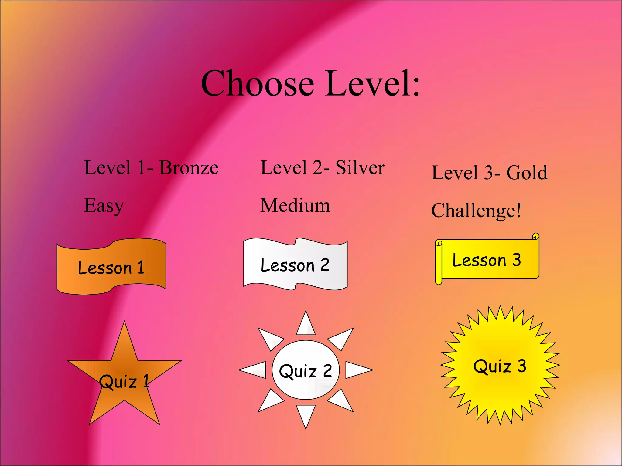 Choose Level: Level 1- Bronze Easy Level 2- Silver Medium Level 3- Gold Challenge! Lesson 1 Quiz 2 Quiz 3 Quiz 1 Lesson 2 Lesson 3 