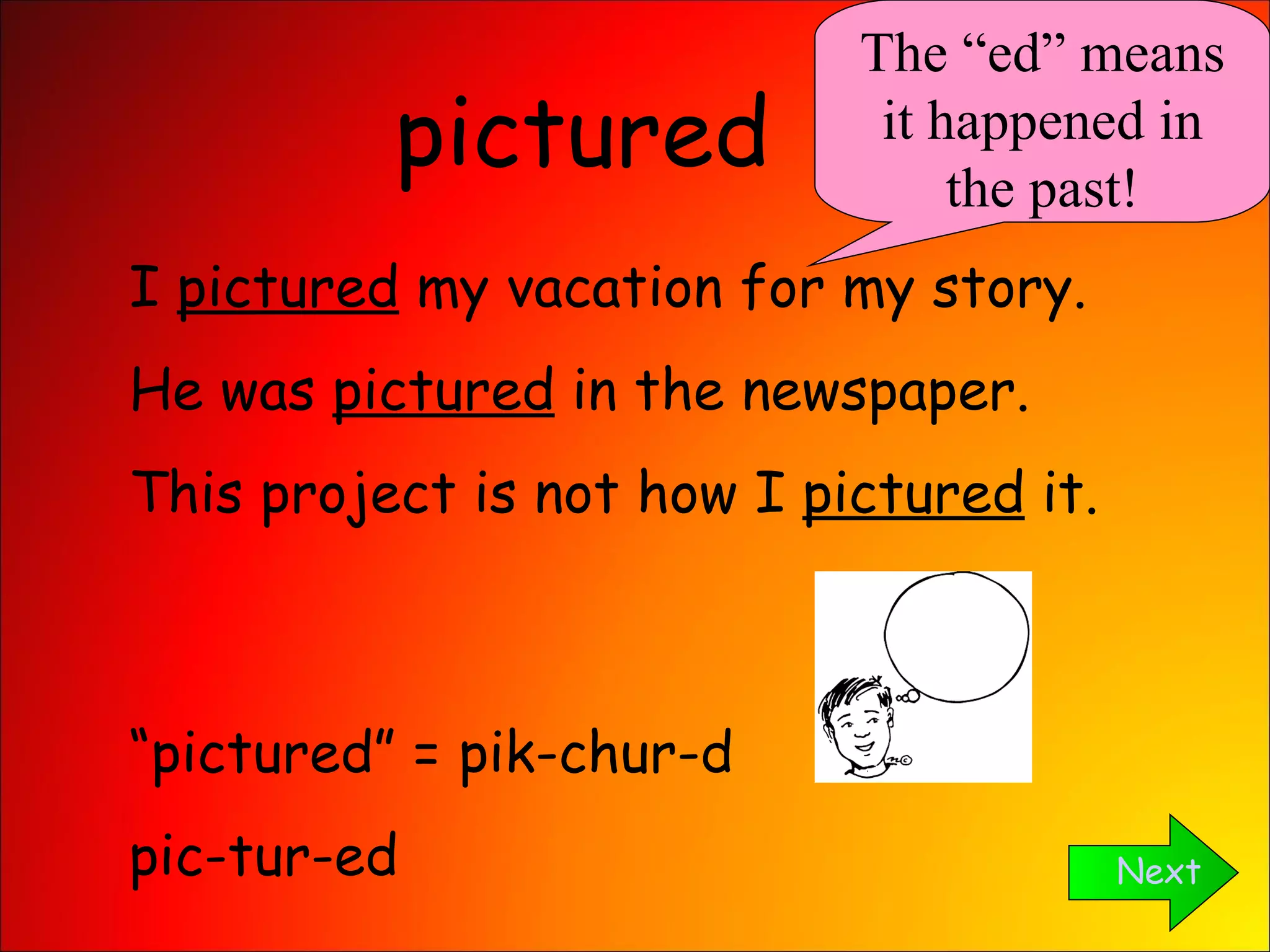pictured Next The “ed” means it happened in the past! I  pictured  my vacation for my story. He was  pictured  in the newspaper. This project is not how I  pictured  it. “ pictured” = pik-chur-d pic-tur-ed 
