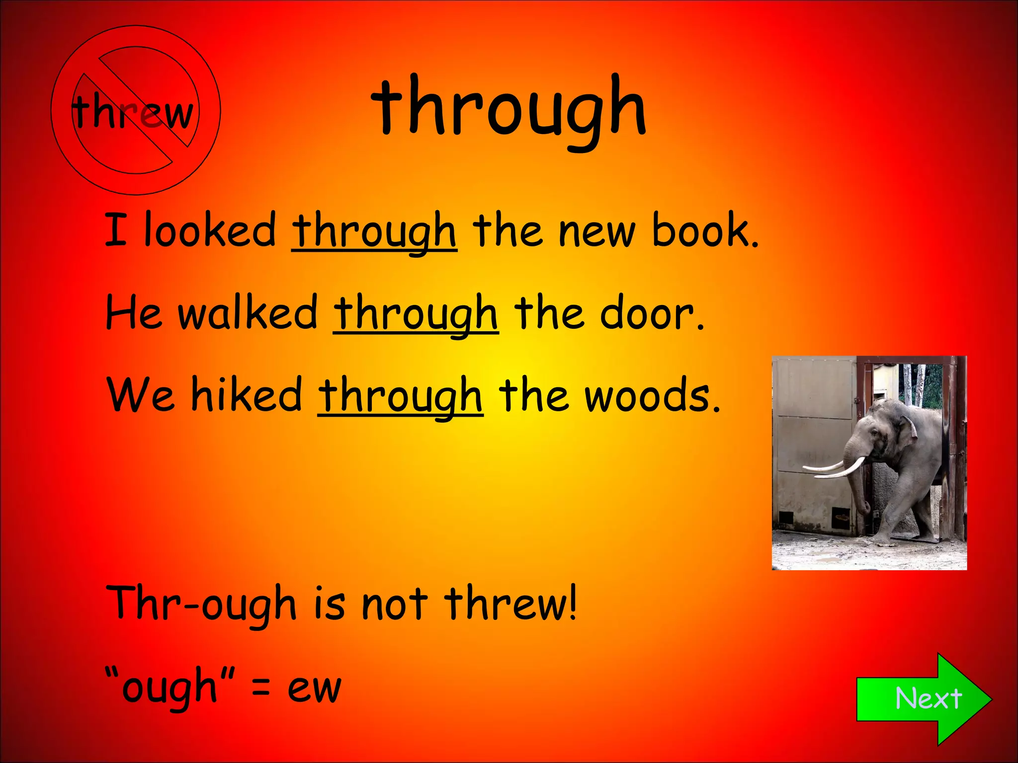through Next I looked  through  the new book. He walked  through  the door. We hiked  through  the woods. Thr-ough is not threw! “ ough” = ew threw 