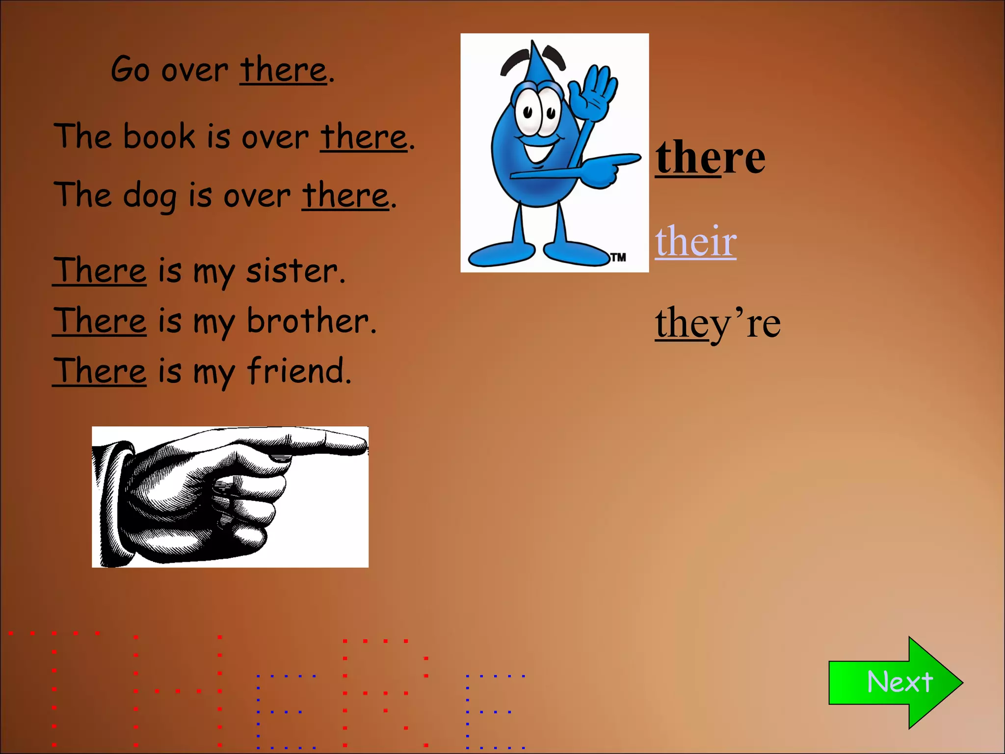 Go over  there .  The dog is over  there . Next The book is over  there . There  is my sister. There  is my brother. There  is my friend. the re the ir the y’re 