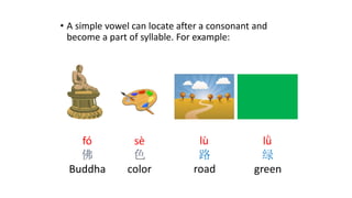 • A simple vowel can locate after a consonant and
become a part of syllable. For example:
fó
佛
Buddha
sè
色
color
lù
路
road
lǜ
绿
green
 