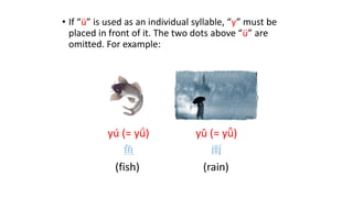 • If “ü” is used as an individual syllable, “y” must be
placed in front of it. The two dots above “ü” are
omitted. For example:
yú (= yǘ)
鱼
(fish)
yǔ (= yǚ)
雨
(rain)
 