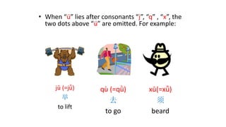 • When “ü” lies after consonants “j”, “q” , “x”, the
two dots above “ü” are omitted. For example:
jǔ (=jǚ)
举
to lift
qù (=qǜ)
去
to go
xū(=xǖ)
须
beard
 
