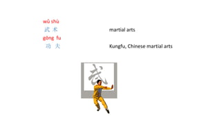 wǔ shù
武 术 martial arts
gōng fu
功 夫 Kungfu, Chinese martial arts
 