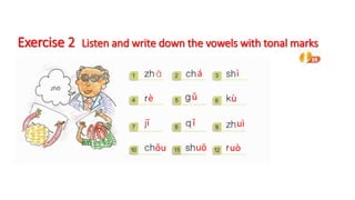 á ì
è ǔ ù
ī ǐ uì
ǒu uō uò
Exercise 2 Listen and write down the vowels with tonal marks
 