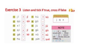 jǐ
qù
jī
kē
kǔ
jǔ
gù
xú
yuè
Exercise 3 Listen and tick if true, cross if false
 