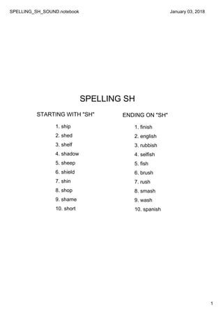 SPELLING_SH_SOUND.notebook
1
January 03, 2018
SPELLING SH
1. ship
2. shed
3. shelf
4. shadow
5. sheep
6. shield
7. shin
8. shop
9. shame
10. short
1. finish
2. english
3. rubbish
4. selfish
5. fish
6. brush
7. rush
8. smash
9. wash
10. spanish
STARTING WITH "SH" ENDING ON "SH"
 