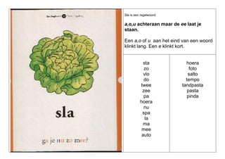 Sla is een regelwoord:

a,o,u achteraan maar de ee laat je
staan.
Een a,o of u aan het eind van een woord
klinkt lang. Een e klinkt kort.

sta
zo
vlo
do
twee
zee
pa
hoera
nu
spa
la
ma
mee
auto

hoera
foto
salto
tempo
tandpasta
pasta
pinda

 