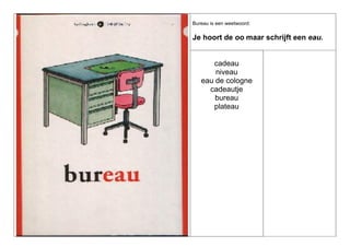 Bureau is een weetwoord:

Je hoort de oo maar schrijft een eau.

cadeau
niveau
eau de cologne
cadeautje
bureau
plateau

 