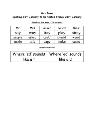 Mrs Dews
Spelling 15th
January to be tested Friday 21st January
Sounds of the week – Tricky words
Mr Mrs looked called their
say way tray play stray
people asked could should would
made safe cage make came
Please collect words
Where ‘ed’ sounds
like a t
Where ‘ed’ sounds
like a d
 