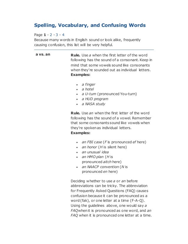 Spelling vocabulary and confusing words Spelling vocabulary and confusing words