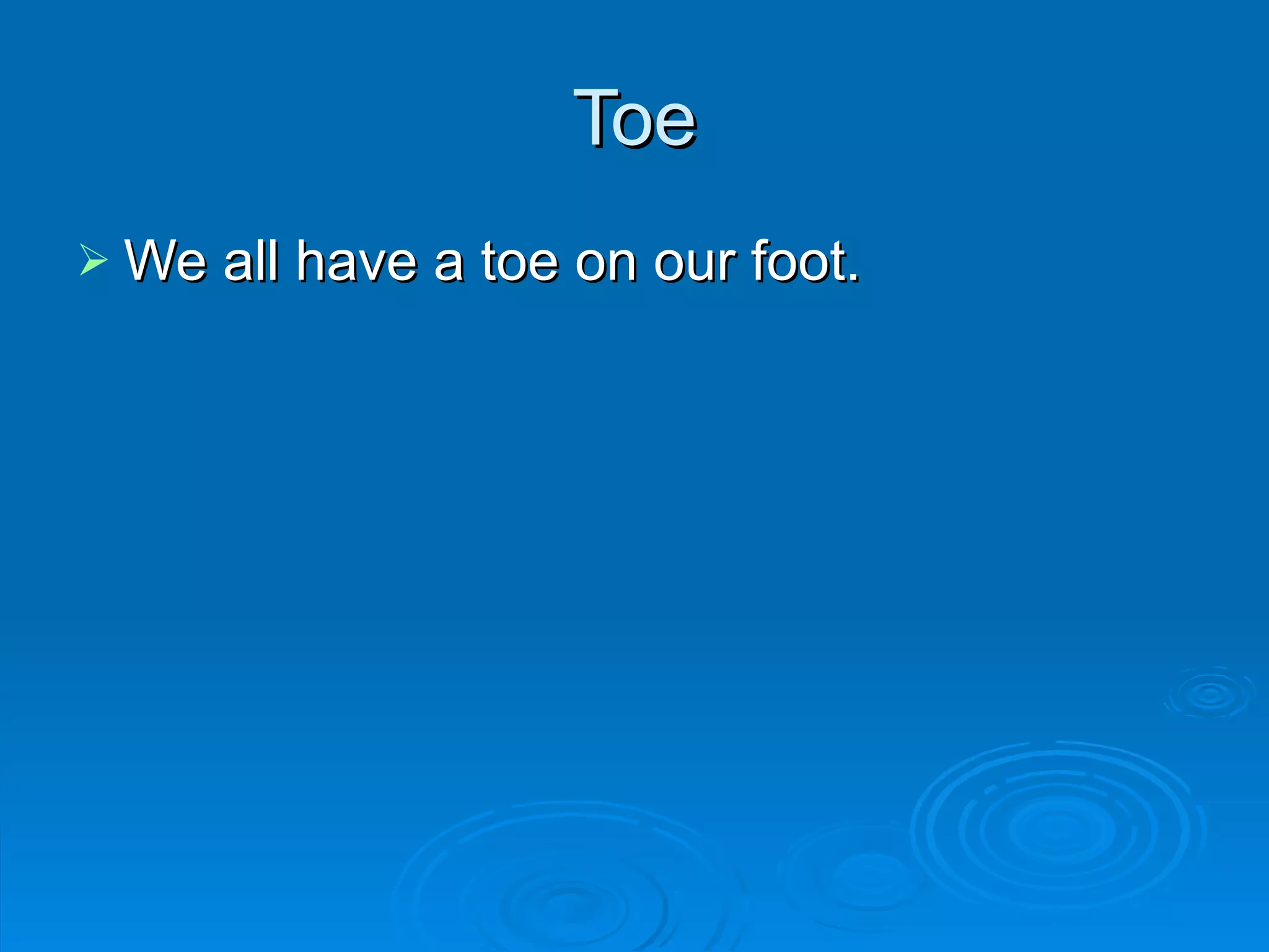 Toe We all have a toe on our foot. 
