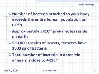 Number of bacteria attached to your body exceeds the entire human population on earth Approximately 5X10 30  prokaryotes reside on earth 500,000 species of insects, termites have 1000 sp of bacteria Total number of bacteria in domestic animals is close to 4X10 24 
